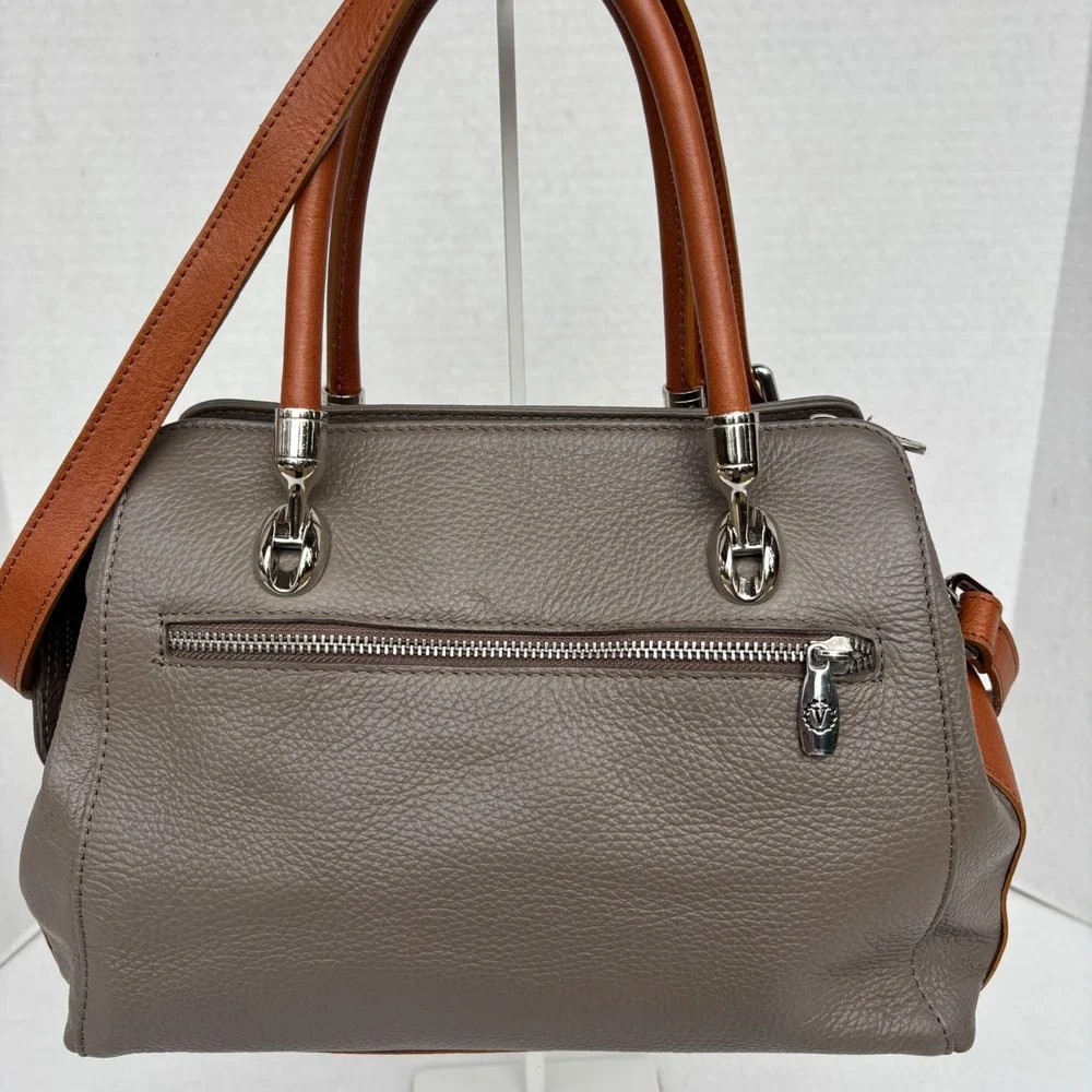 Valentina Italy Pebbled Leather Satchel Bag Taupe Cognac Brown sil Hardware NWOT